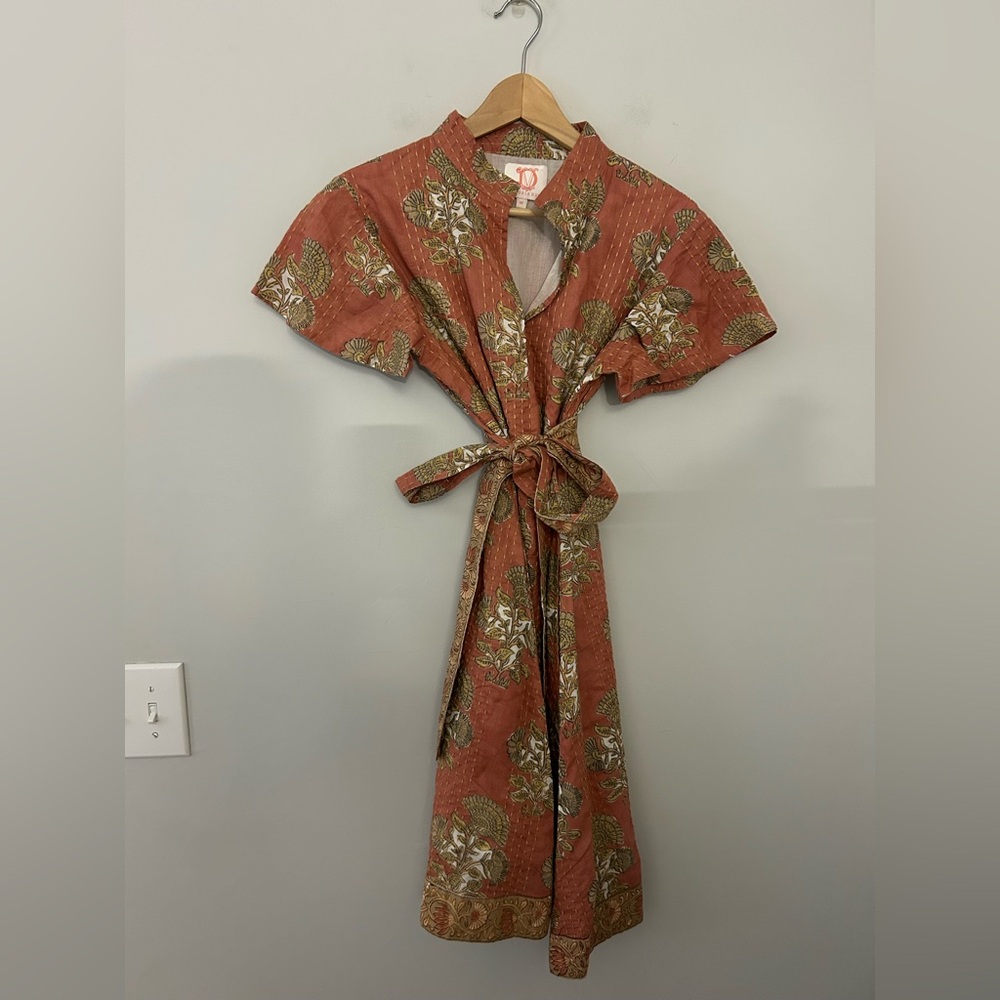 Victoria Dunn Rust Floral Block‎ Print Belted Midi Dress